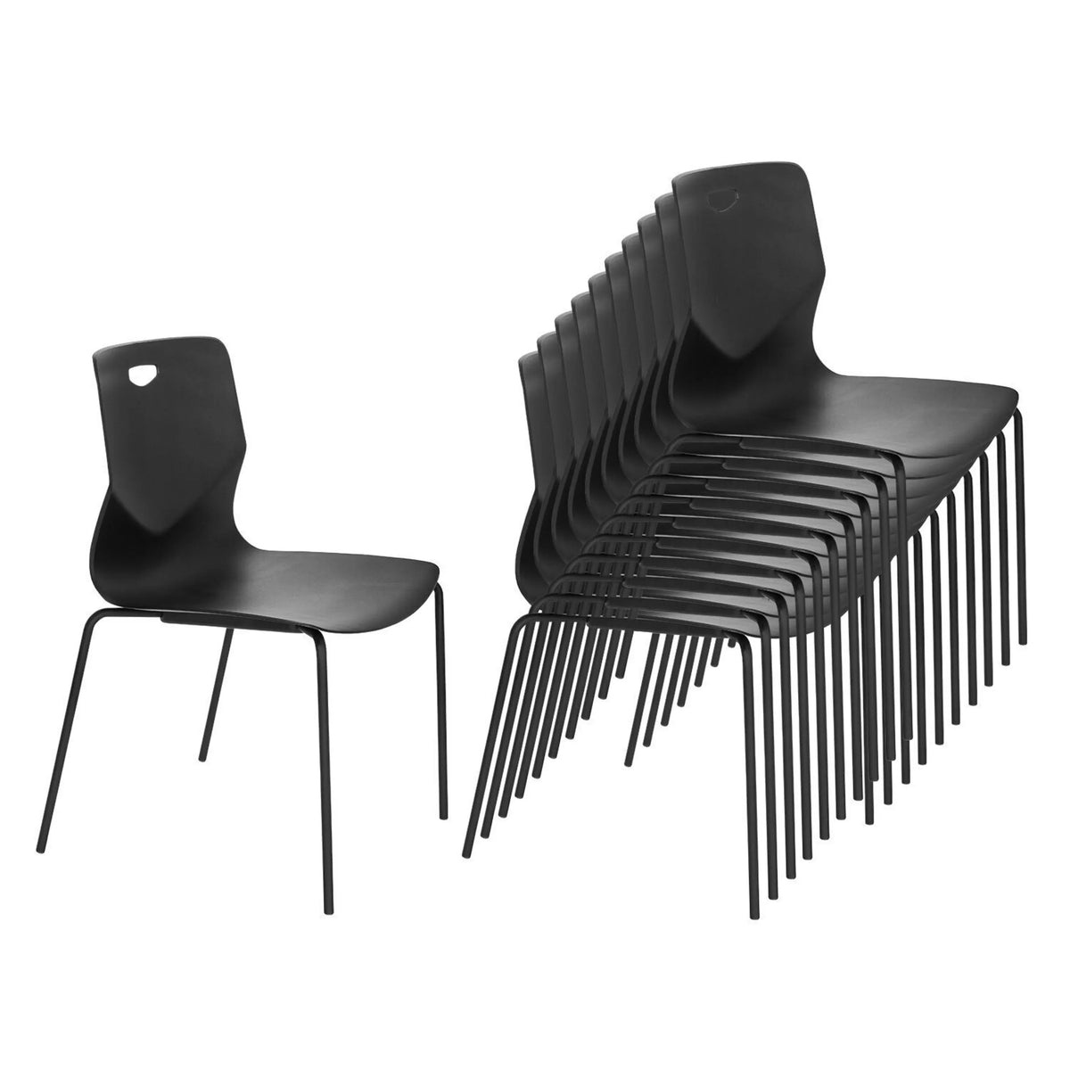 Stapelbare vierpotige stoelen T36 V in zwart met geïntegreerde handgreepopening in de rugleuning van hjh OFFICE