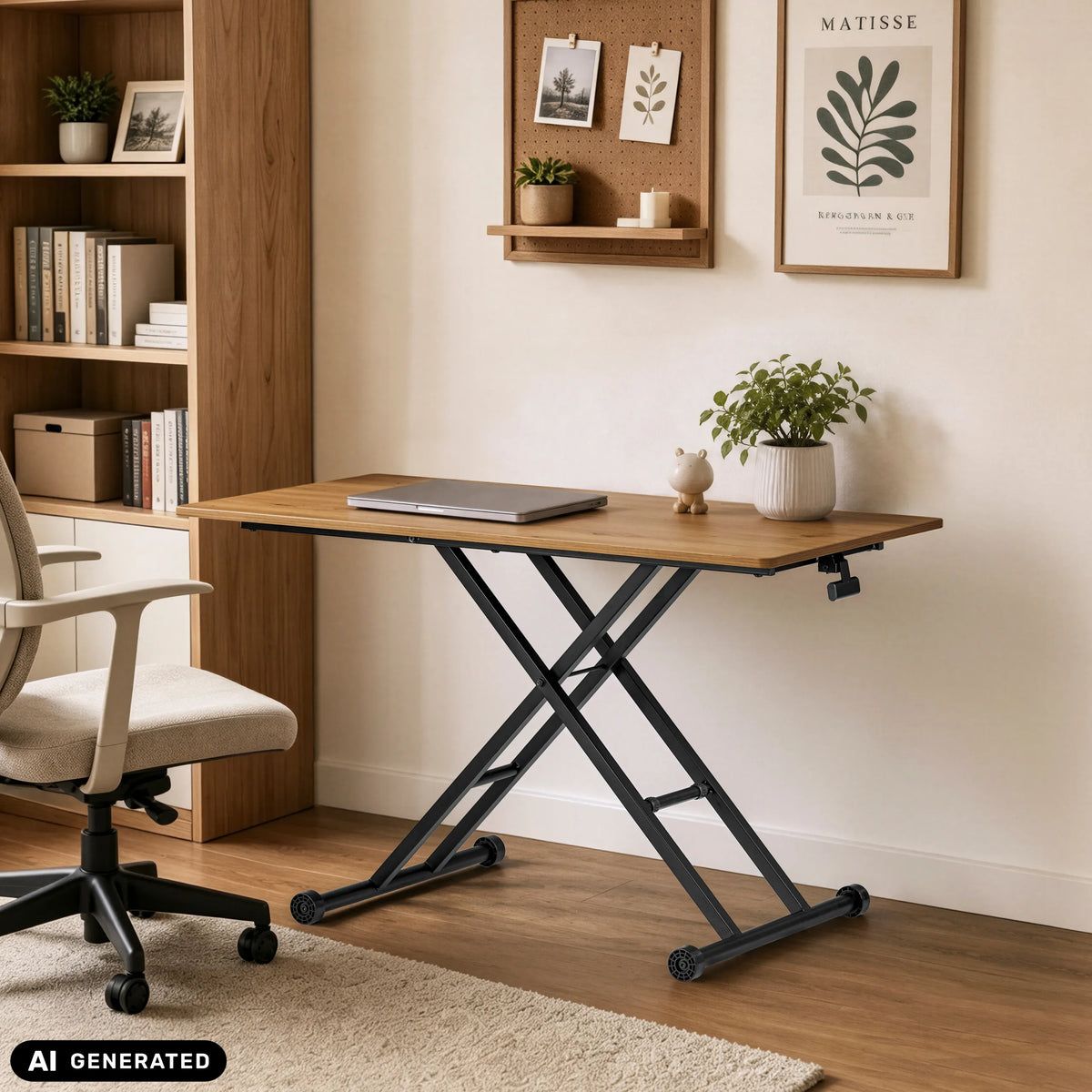 Höhenverstellbarer Schreibtisch Worktime Lift in Eiche und Schwarz mit X-Gestell und Laptop von hjh OFFICE