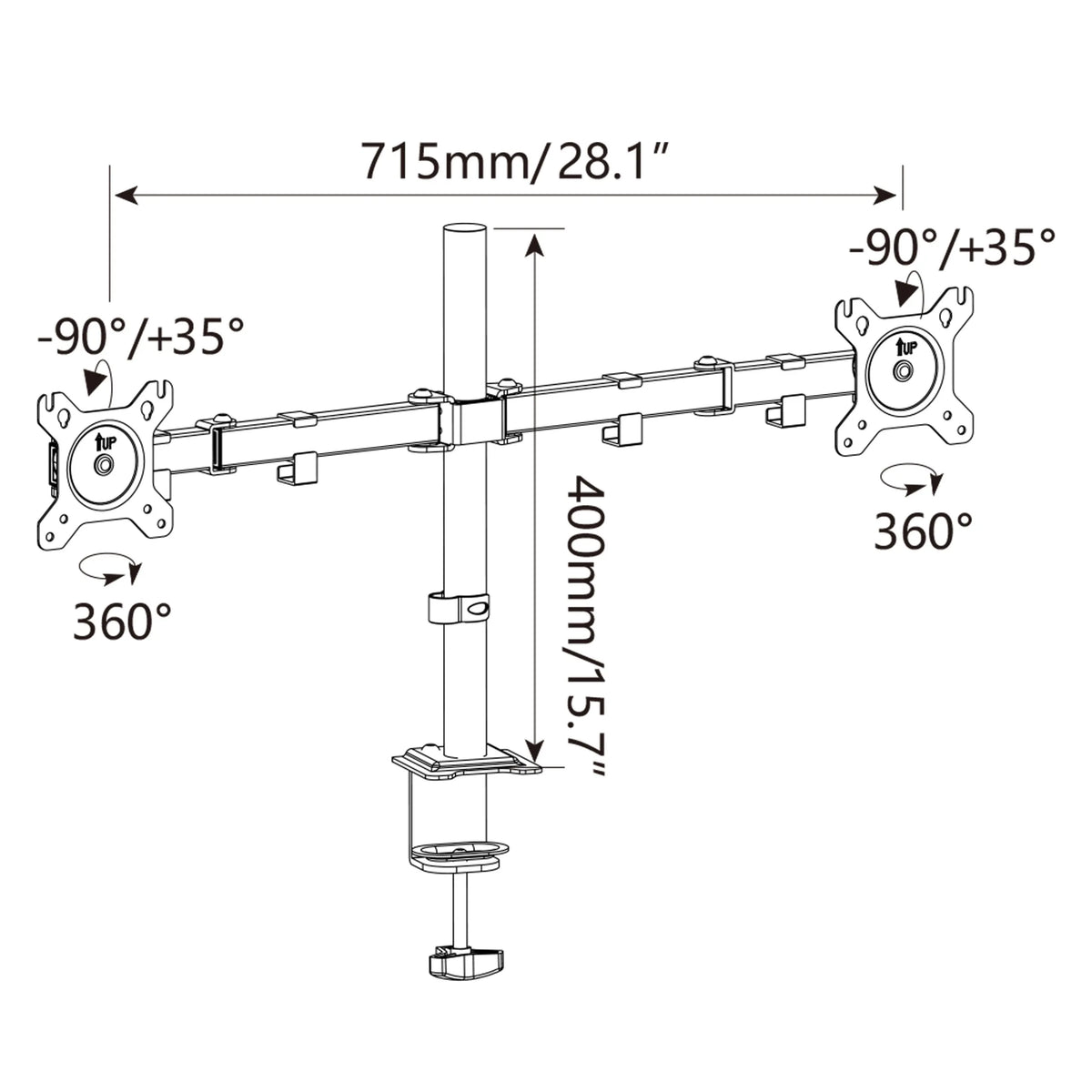 Technische tekening van de Monitorsteun Ergomount M2 met een breedte van 715 mm van hjh OFFICE