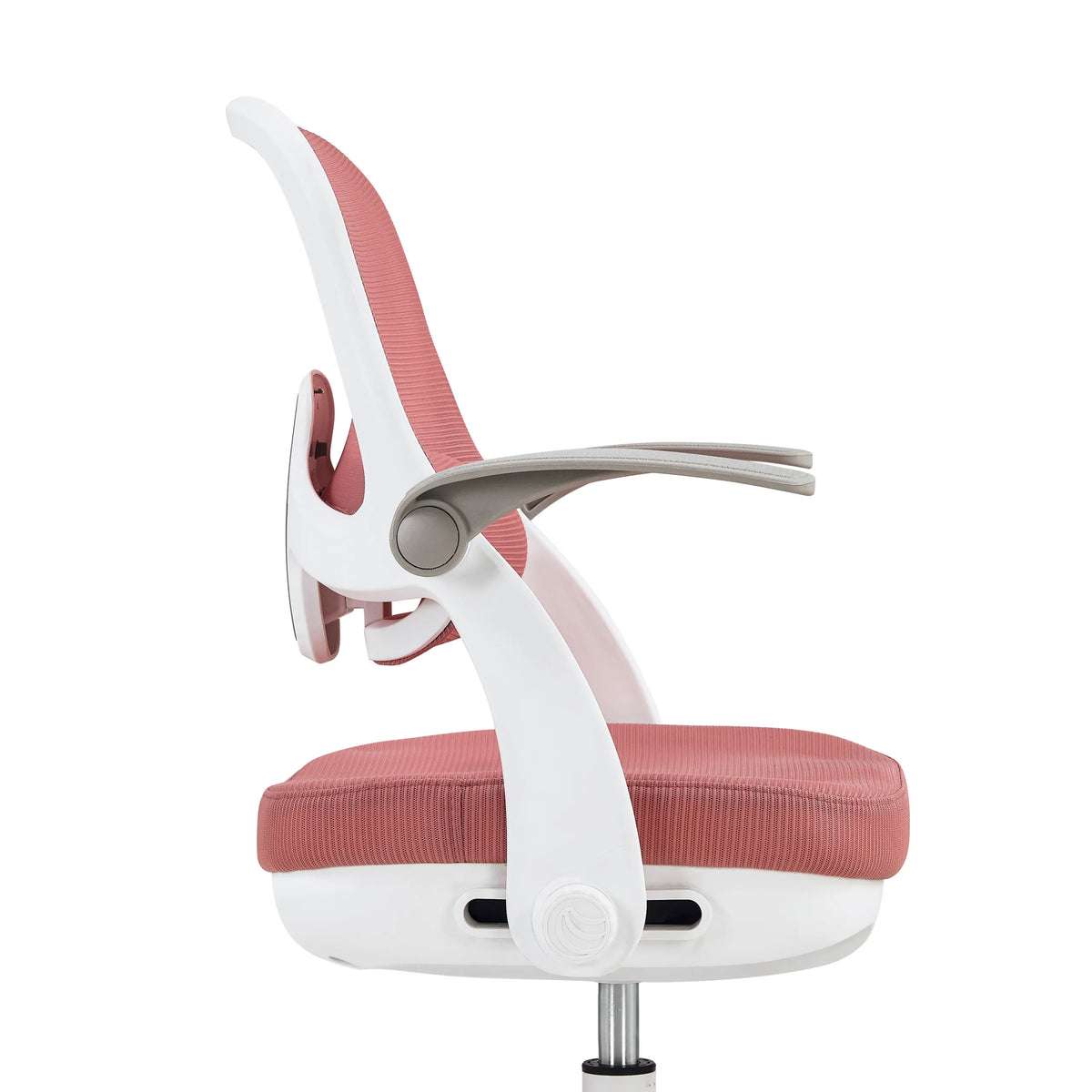 Zijaanzicht van de Kiddy Smart Step kinder bureaustoel in roze met een wit frame en grijze armleuning van hjh OFFICE