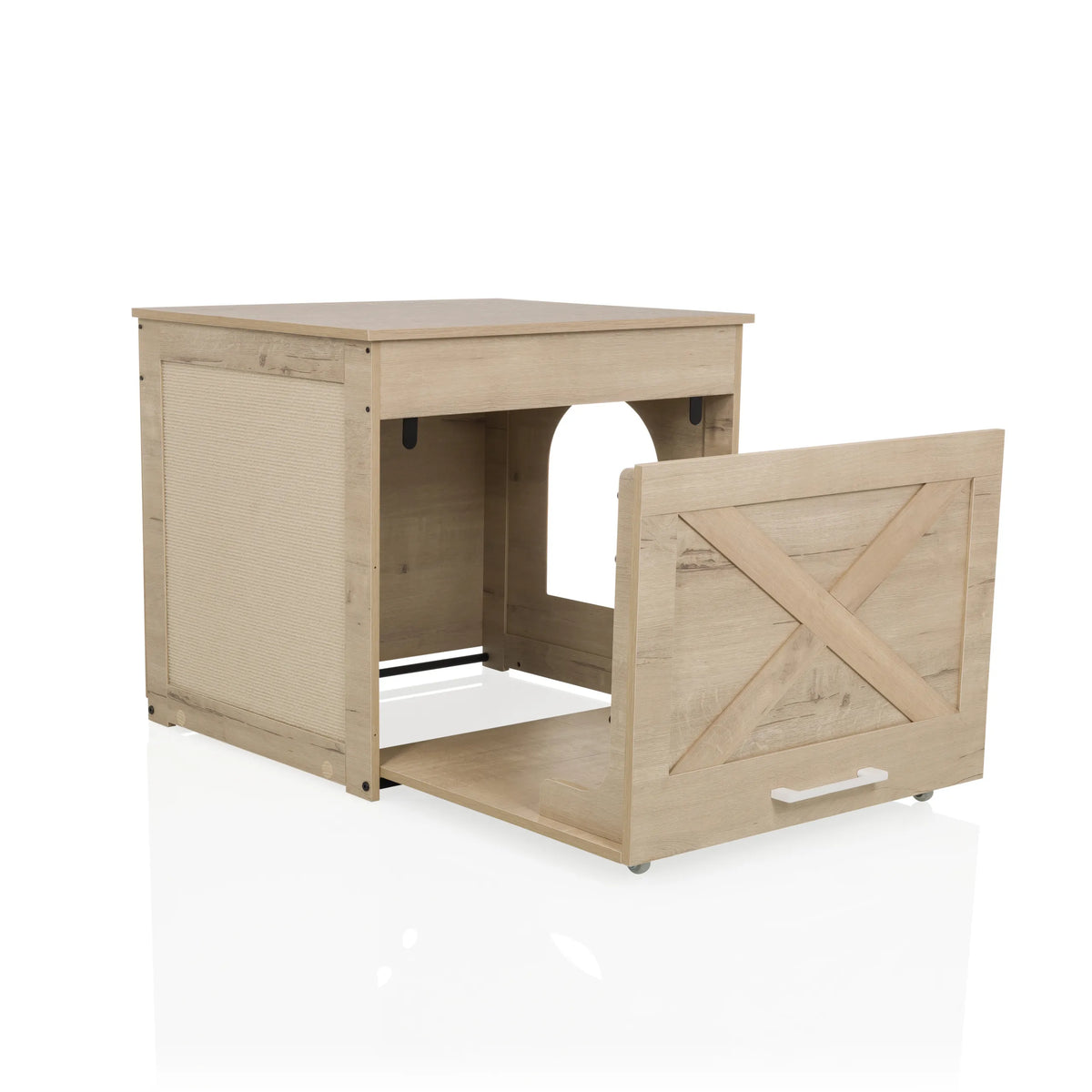 Kattenhuis KITTY PAWBOX 1 in eikenlook met openstaande frontklep en geïntegreerd ligvlak van hjh LIVING