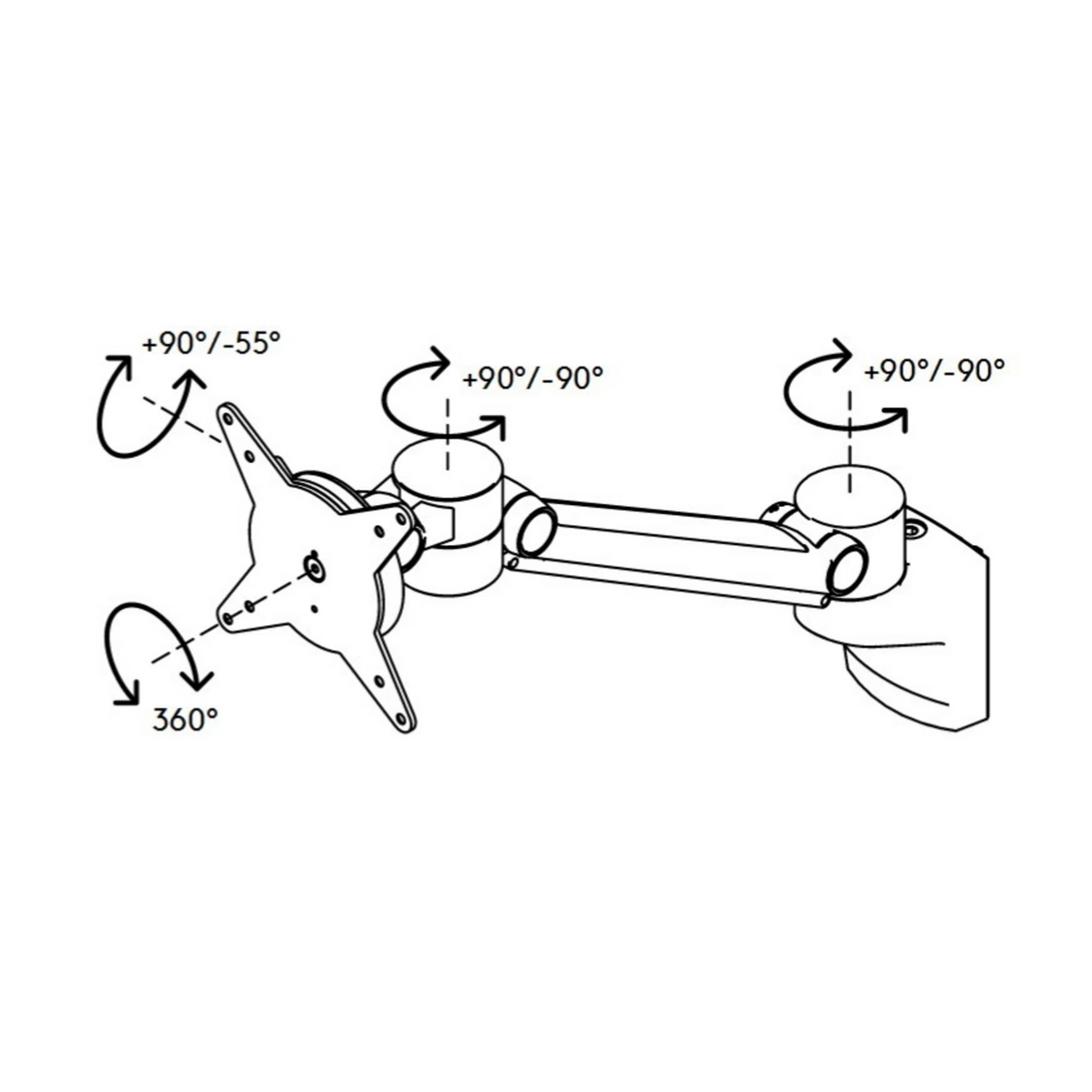 Technische tekening van de monitorhouder ORGPF met specificaties van de kantel- en draaihoeken van hjh OFFICE PRO