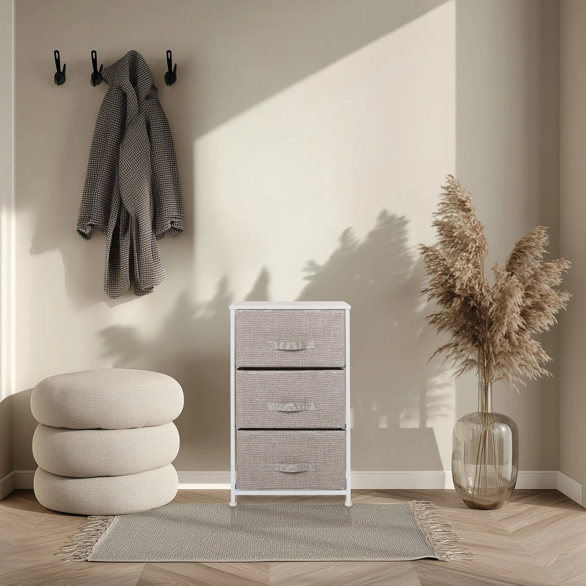 Grijze Commode FOLDRESS M met drie stoffen laden en wit frame van hjh LIVING