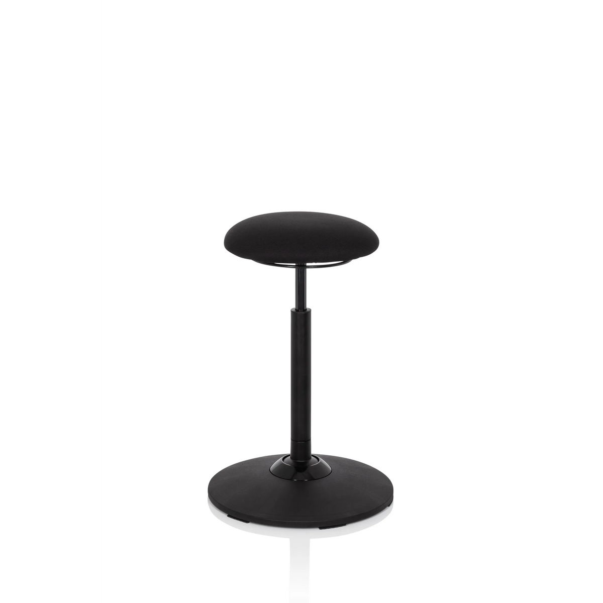 Zwarte stahulp BALANCE SIT met rond zitkussen en cirkelvormige voet van hjh OFFICE – 360-gradenweergave (vooraanzicht 20°)