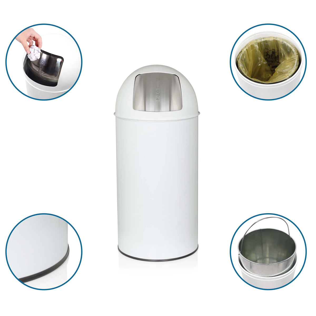 Witte prullenbak PUSH 35L met zilverkleurige deksel, binnenemmer en vuilniszakken van hjh OFFICE