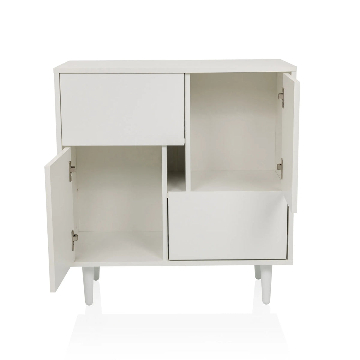 Witte commode LYKKJA met twee open vakken, een lade en een geopende deur op vier poten van hjh LIVING
