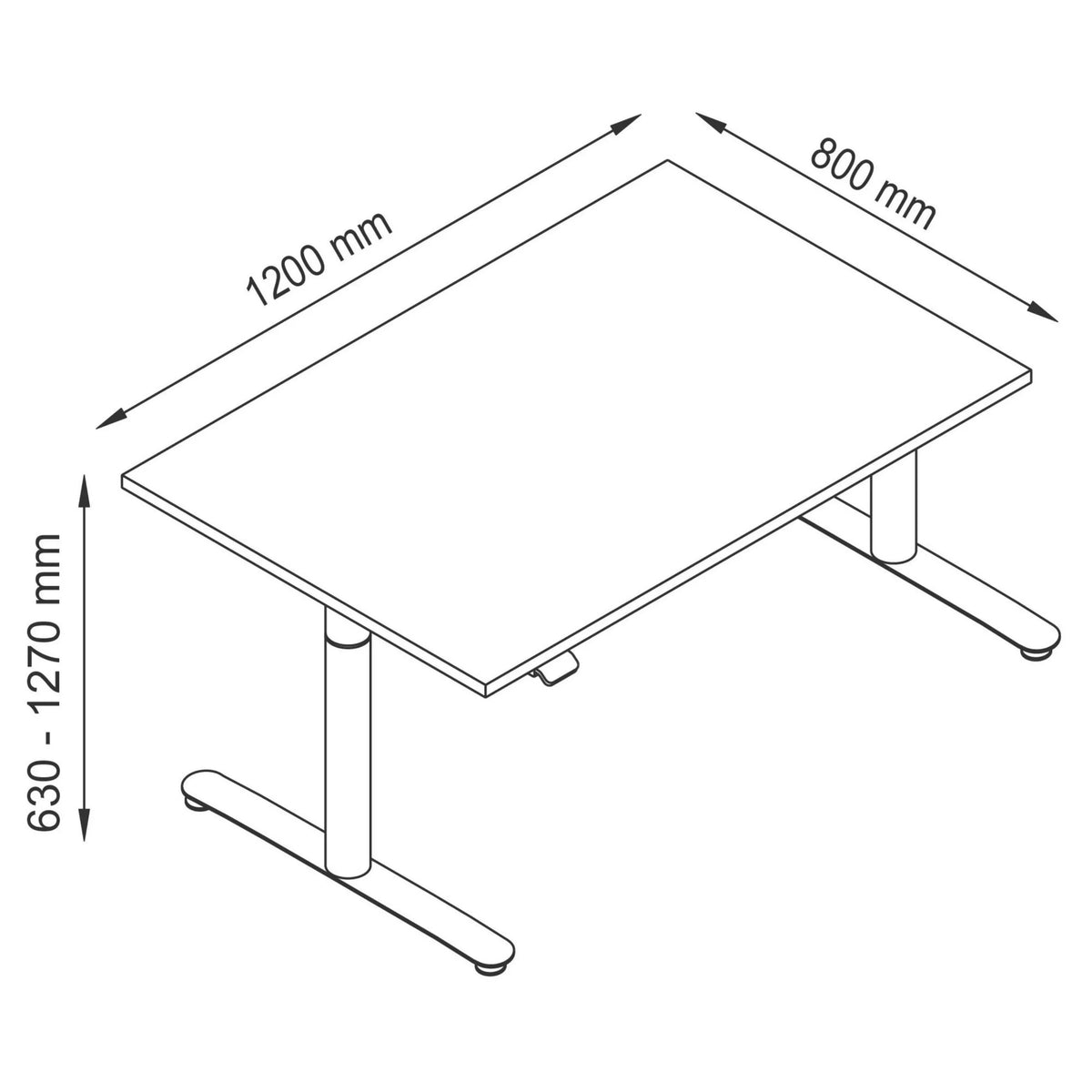 Technische tekening van het bureau XDLR 12 G van 1200 × 800 mm van hjh OFFICE PRO