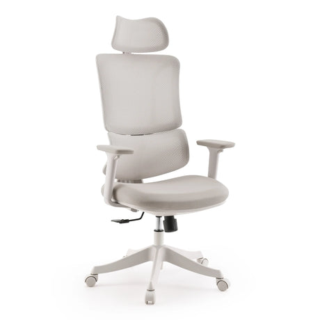 Thuisgebruik bureaustoel Ergomy Colore in beige met netbespanning en hoofdsteun van MyBuero