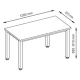 Maattekening van het bureau QUEO 612 S met afmetingen 1200 x 672 mm en een hoogte van 685-810 mm van hjh OFFICE PRO