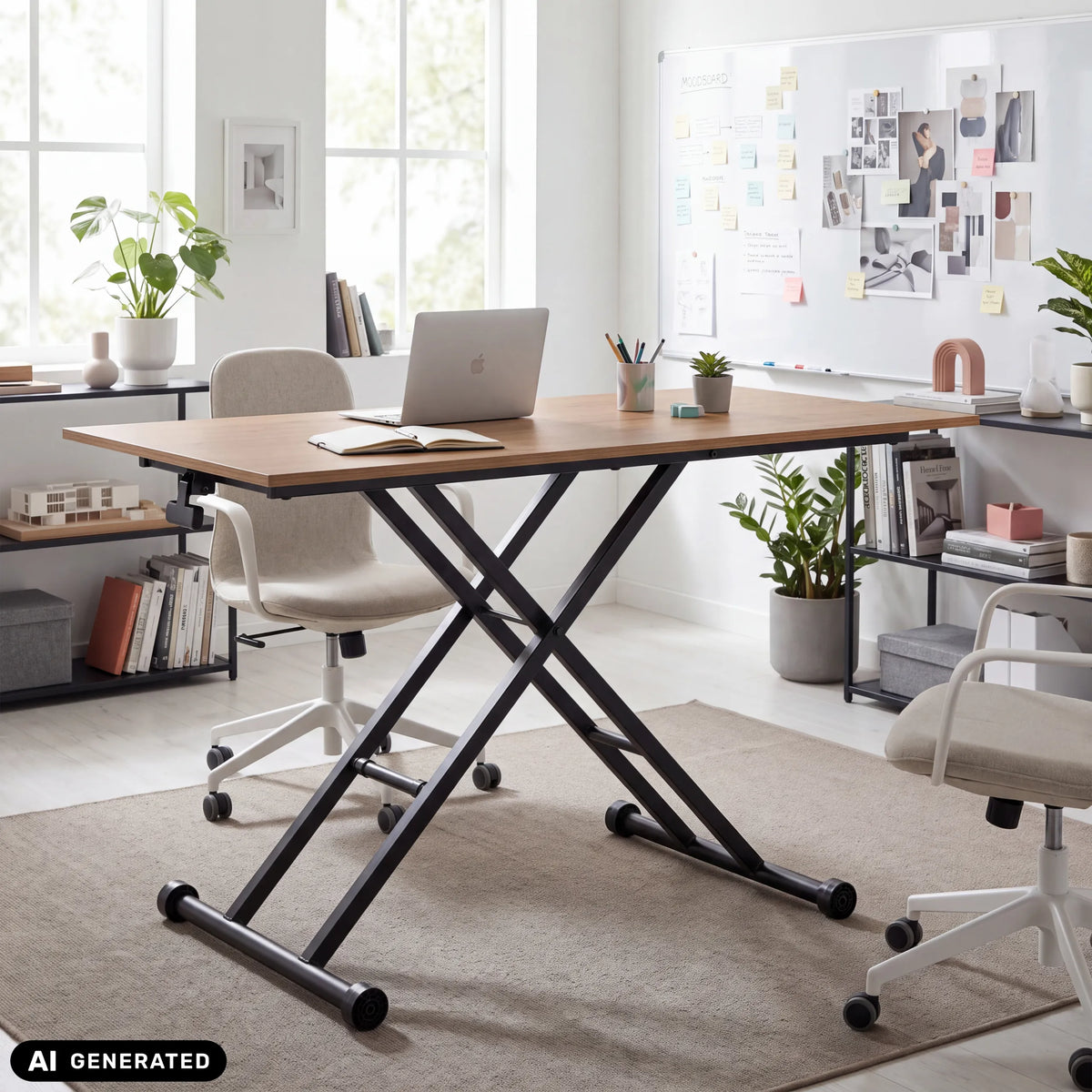 Schrijfbureau Worktime Lift in eiken en zwart met X-vormig onderstel en zwenkwielen van hjh OFFICE