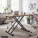 Schrijfbureau Worktime Lift in eiken en zwart met X-vormig onderstel en zwenkwielen van hjh OFFICE