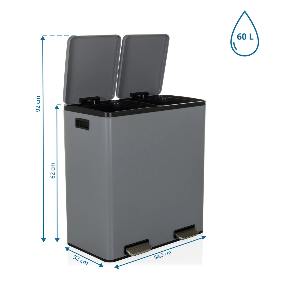 Maataanzicht van de Clean 13 prullenbak met 60 L inhoud en 58,5 x 32 cm van hjh OFFICE