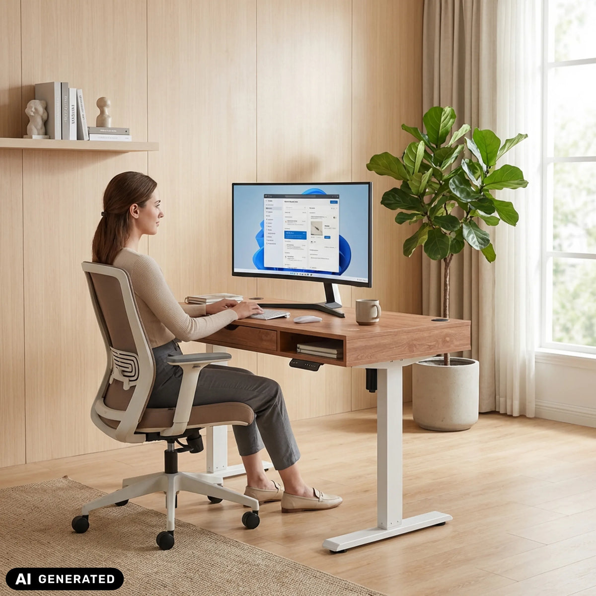 Elektrisch in hoogte verstelbaar bureau Worktime Style in eiken en wit van hjh OFFICE (AI-gegenereerde afbeelding)
