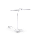 Witte bureaulamp Lumanova D6 met T-vormige lampenkop en ronde voet van hjh OFFICE – 360-gradenweergave (schuin vooraanzicht 30°)
