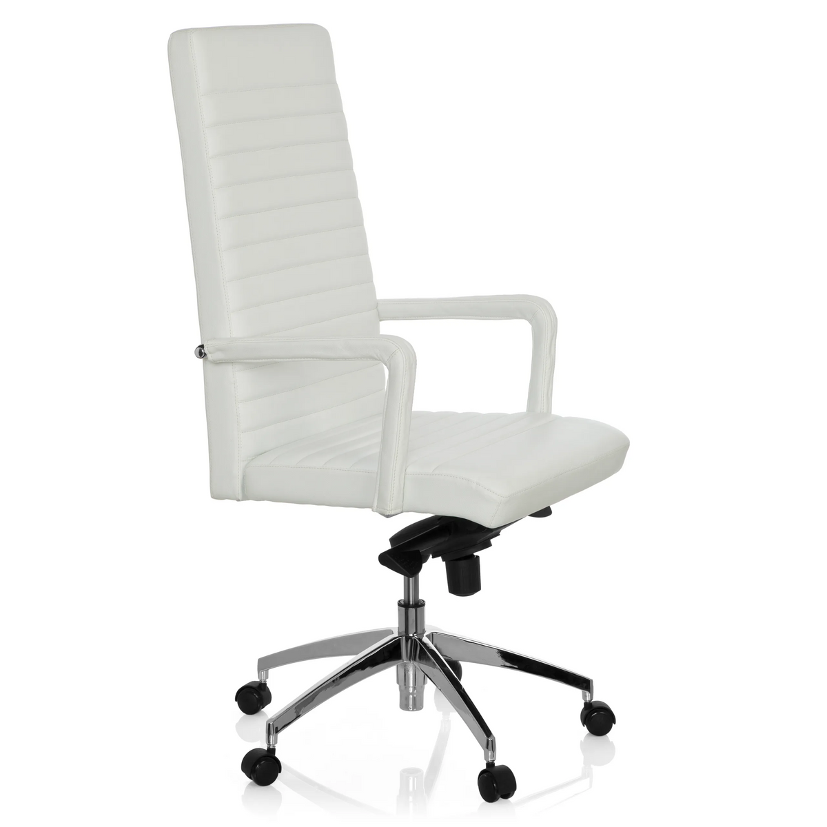 Witte Professionele directiestoel LENGA met horizontale stiknaden en vijfsterrenvoet met rolletjes van hjh OFFICE – 360-gradenweergave (schuin vooraanzicht 60°)