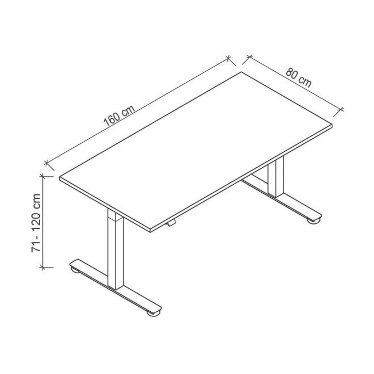 Technische tekening van het bureau XMST 16 G van 160 × 80 cm van hjh OFFICE PRO