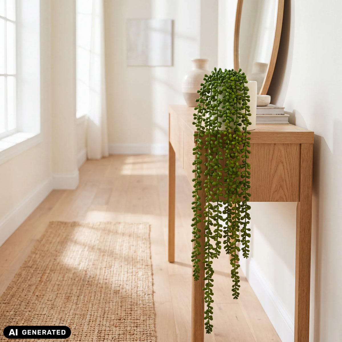 Groene hangplant Senecio Climb in een witte pot op een consoletafel van licht hout van hjh OFFICE