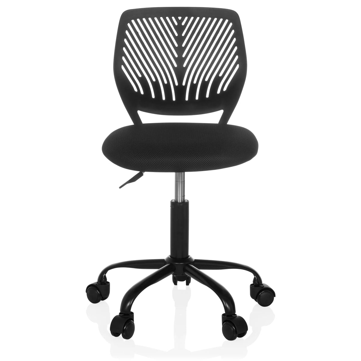 Zwarte Kinder bureaustoel KID QB met netrugleuning en voetkruis met vijf wieltjes van hjh OFFICE – 360-gradenweergave (vooraanzicht 0°)