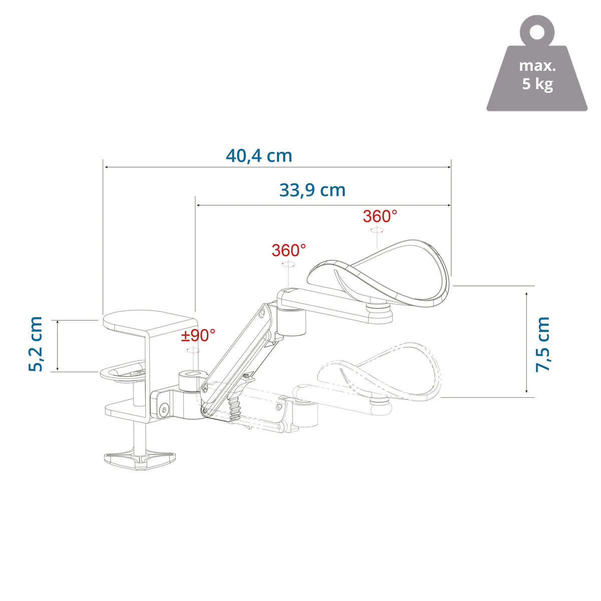 Technische tekening van de Armleuning RELEX RT1 met een lengte van 40,4 cm en een draaglast van 5 kg van hjh OFFICE