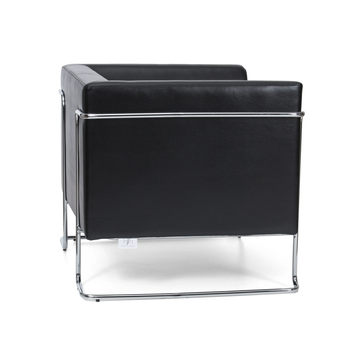 Zwarte gestoffeerde fauteuil CURACAO met verchroomd buizenframe van hjh OFFICE – 360-gradenweergave (zijaanzicht 100°)