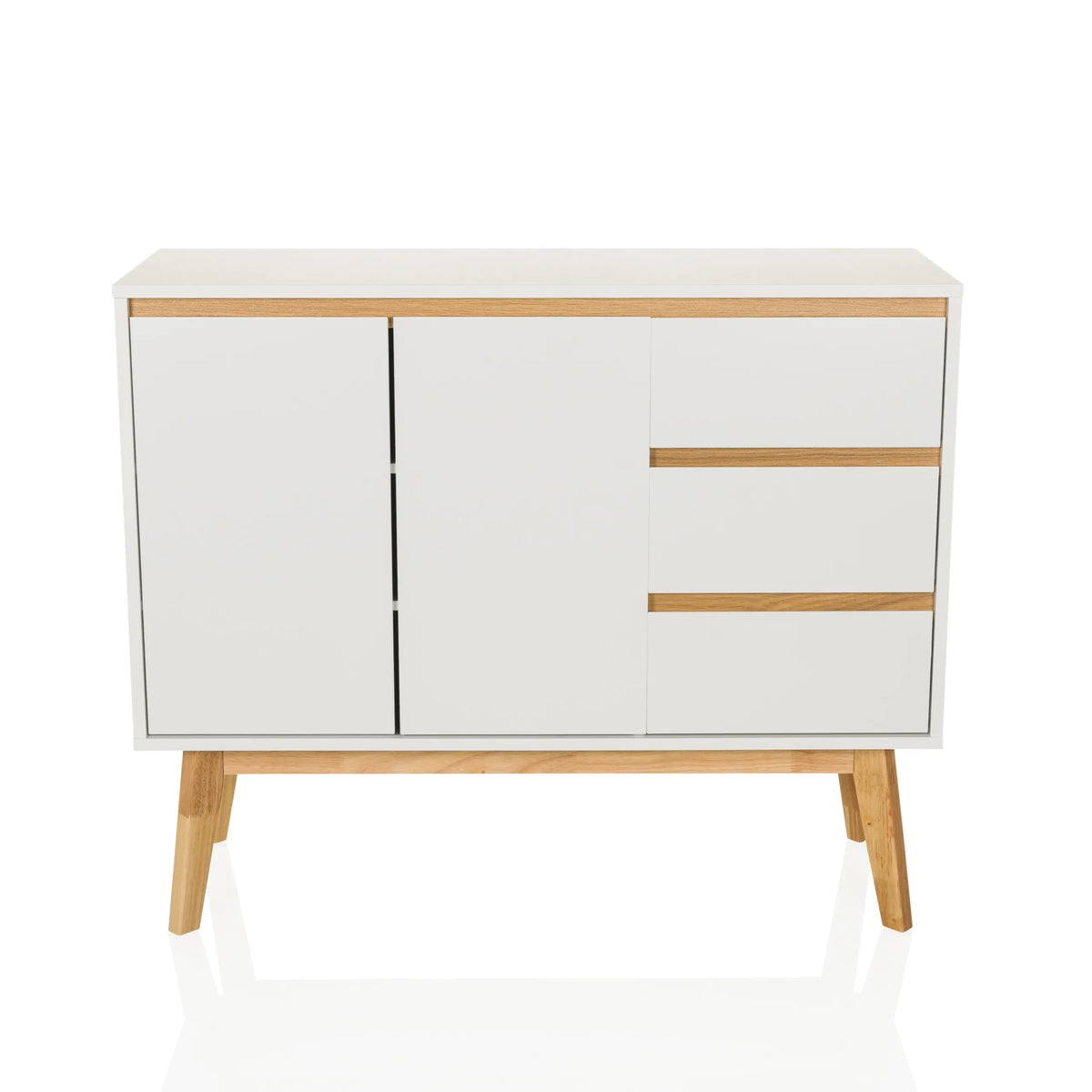 Wit Dressoir TAROLO I met drie laden, twee deuren en houten poten van hjh LIVING – 360-gradenweergave (vooraanzicht 0°)