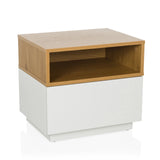 Witte bijzettafel MELMO met een plank in eikenlook van hjh LIVING – 360-gradenweergave (vooraanzicht 15°)