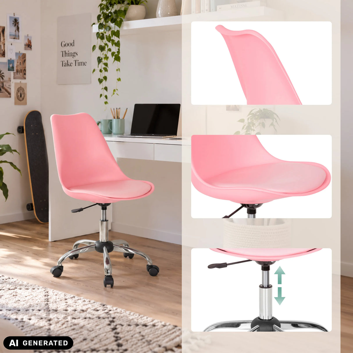 Rosa Home-Office-Bürostuhl FANCY PRO mit verchromtem Fußkreuz und Rollen von hjh OFFICE