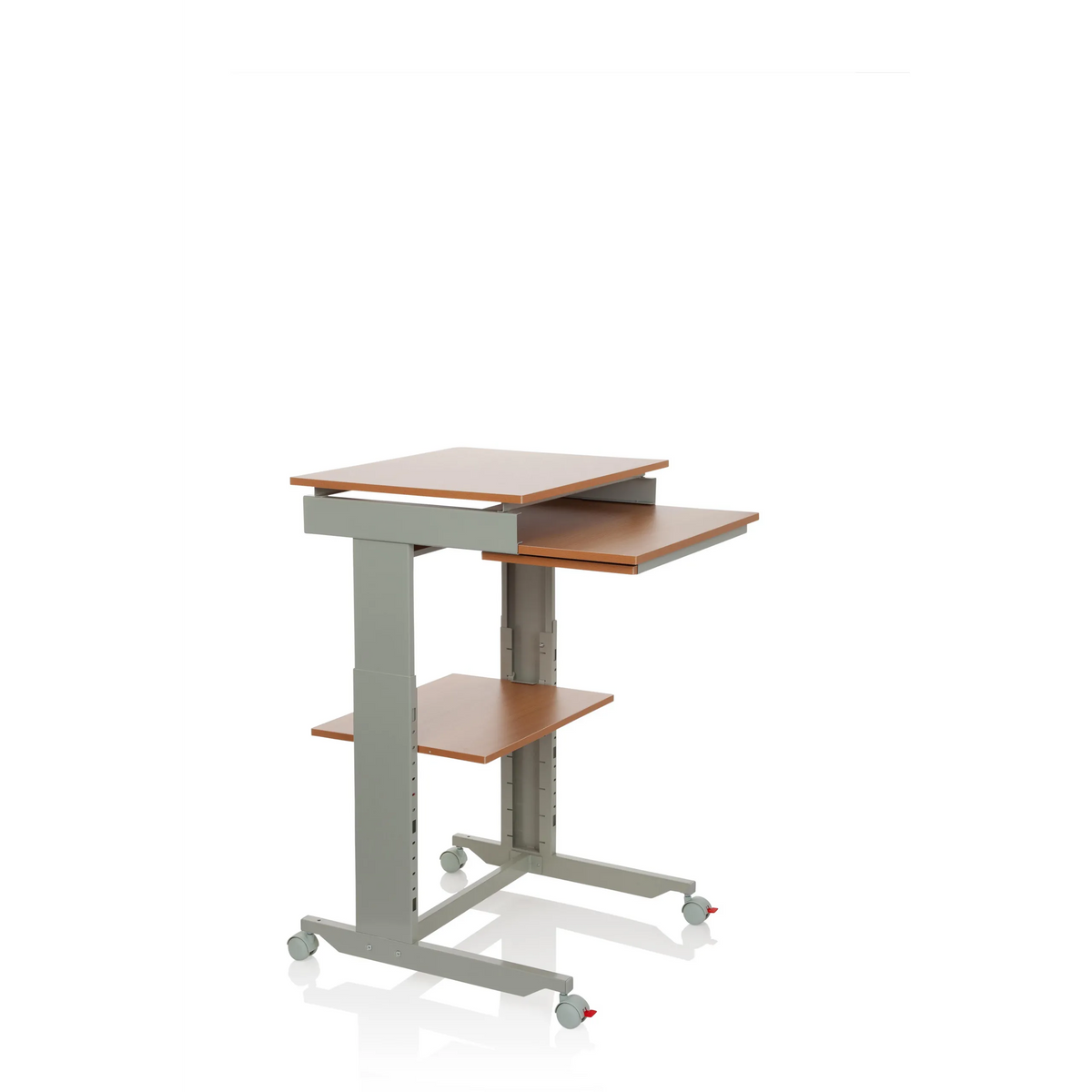 Grijs Zit- Sta bureau WORKSTATION in beuken met aflegvlak en vier zwenkwielen van hjh OFFICE – 360-gradenweergave (schuin vooraanzicht 60°)