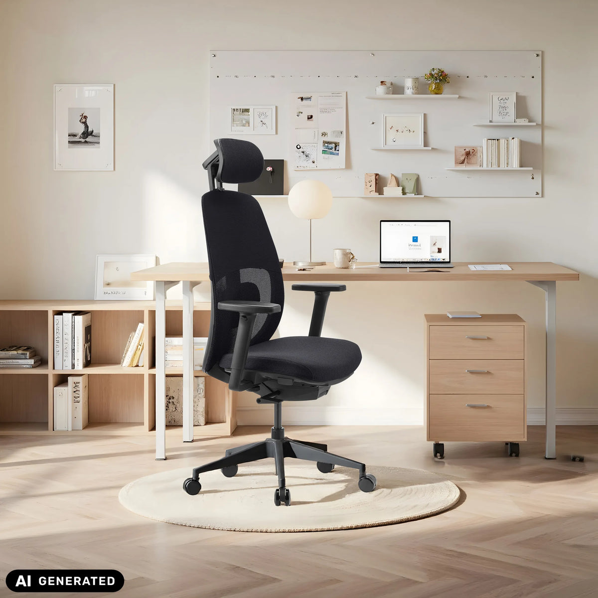 Zwarte professionele bureaustoel Skandis Pro met hoofdsteun in een homeoffice van hjh OFFICE (AI-gegenereerde afbeelding)