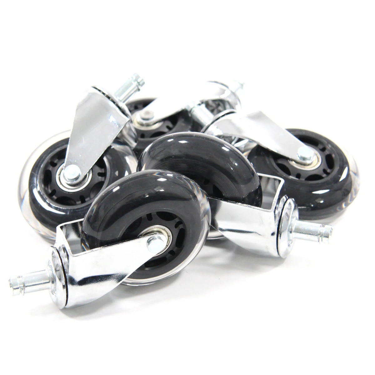 Vijf zilveren 5x ROLO SKATE CT 11mm/75mm bureaustoelwielen voor harde vloeren met zwarte loopvlakken van hjh OFFICE