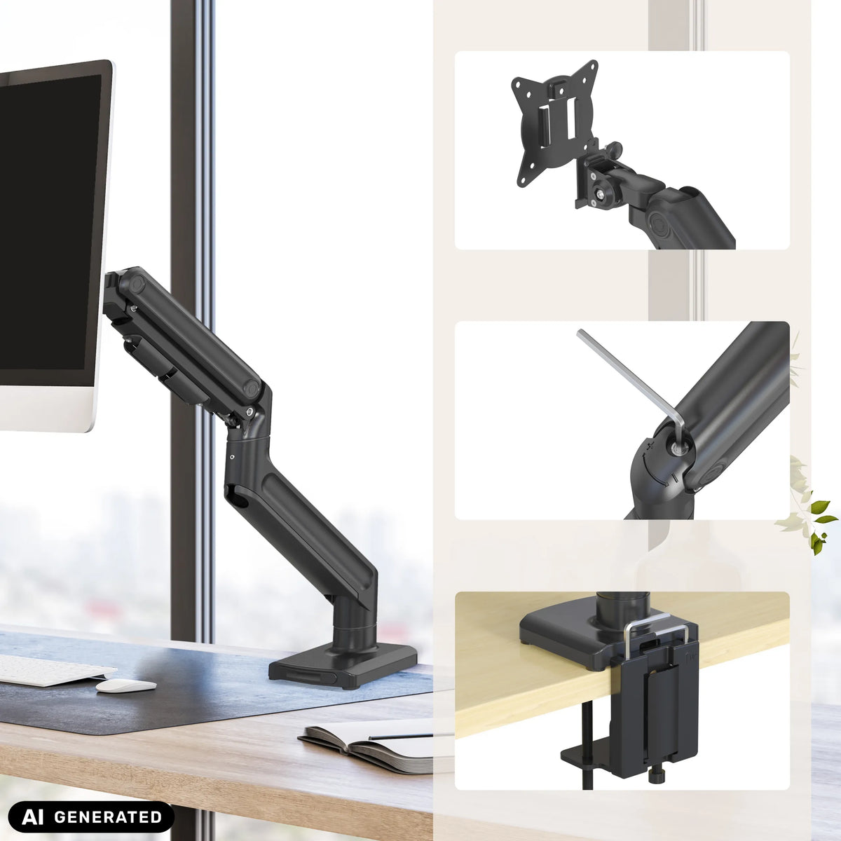 VM-MG1S monitorsteun met VESA-plaat, scharnierarm en tafelbevestiging in zwart van hjh OFFICE (AI-gegenereerde afbeelding)