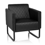 Zwarte gestoffeerde fauteuil ARUBA BLACK met ruitstiksel en slee-onderstel van hjh OFFICE – 360-gradenweergave (vooraanzicht 20°)