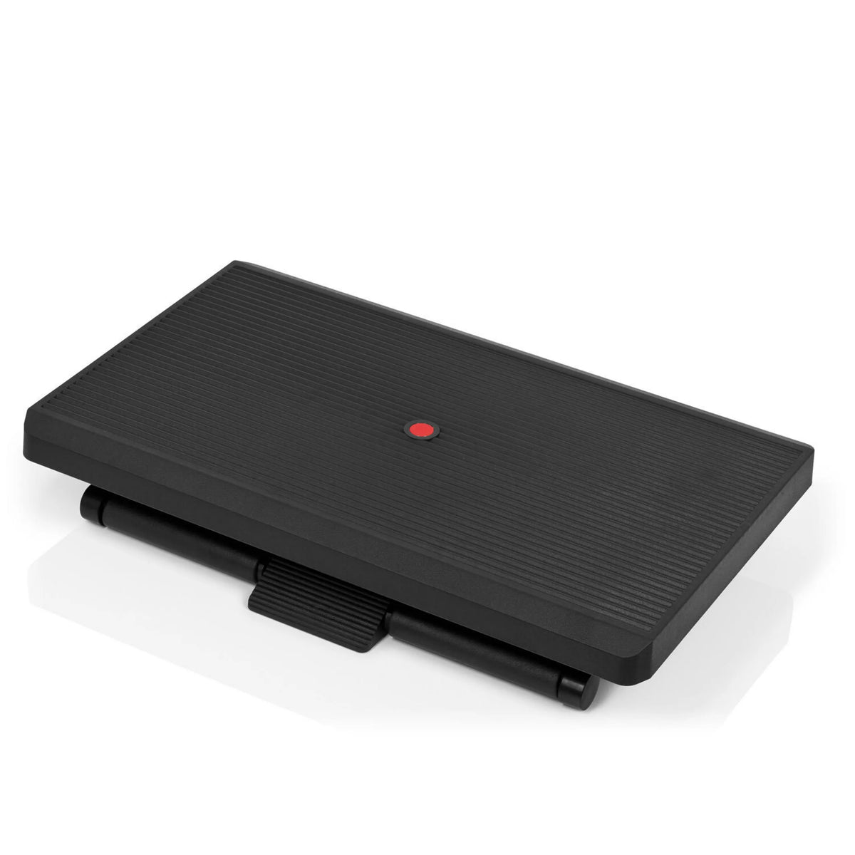 Zwarte Voetensteun PIEDINO STRIPE PRO met geribbelde oppervlakte en rode knop van hjh OFFICE – 360-gradenweergave (vooraanzicht 16°)