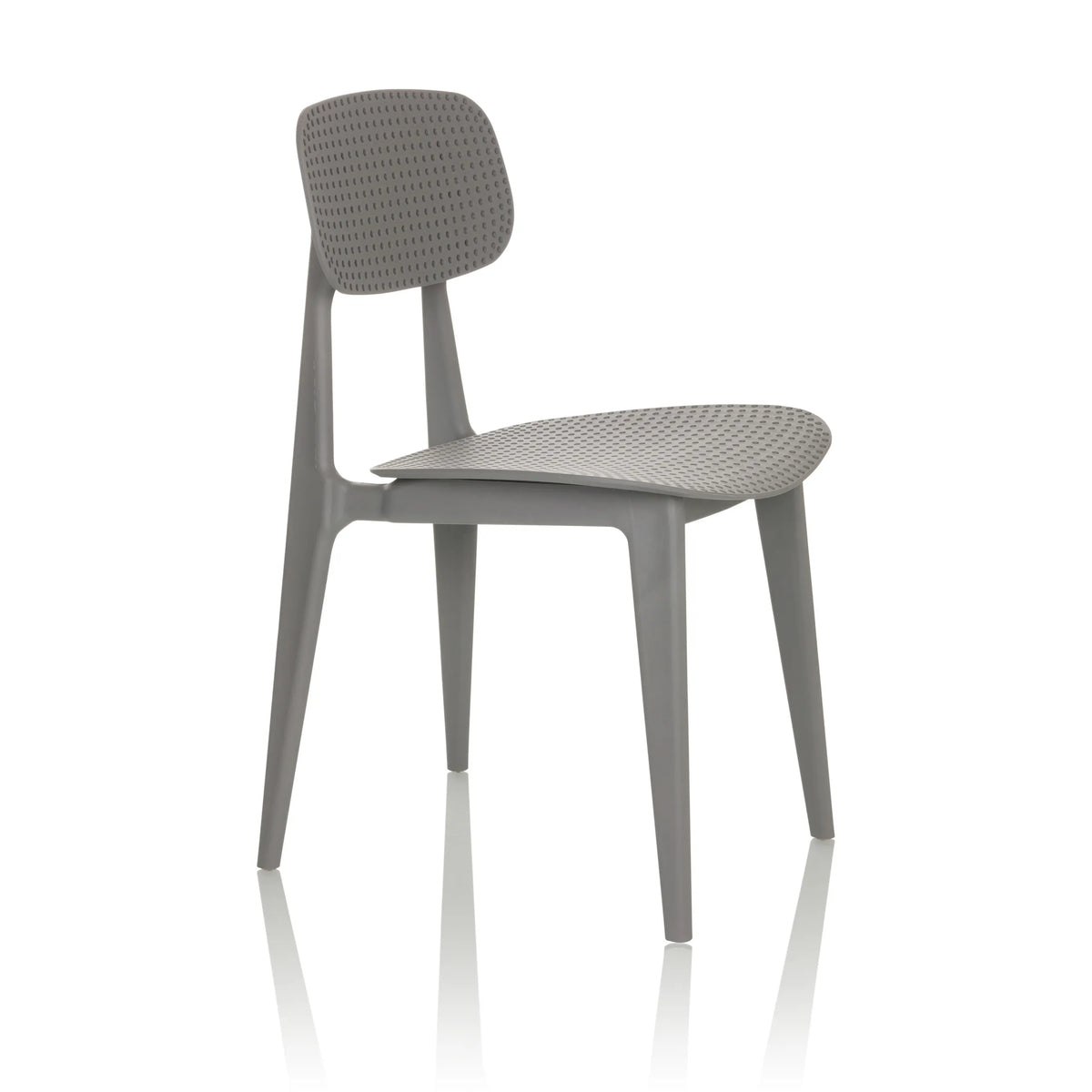 Grijze Outdoor stoel ARTIFO HOL met geperforeerde rugleuning en zitting van hjh OFFICE – 360-gradenweergave (schuin vooraanzicht 60°)