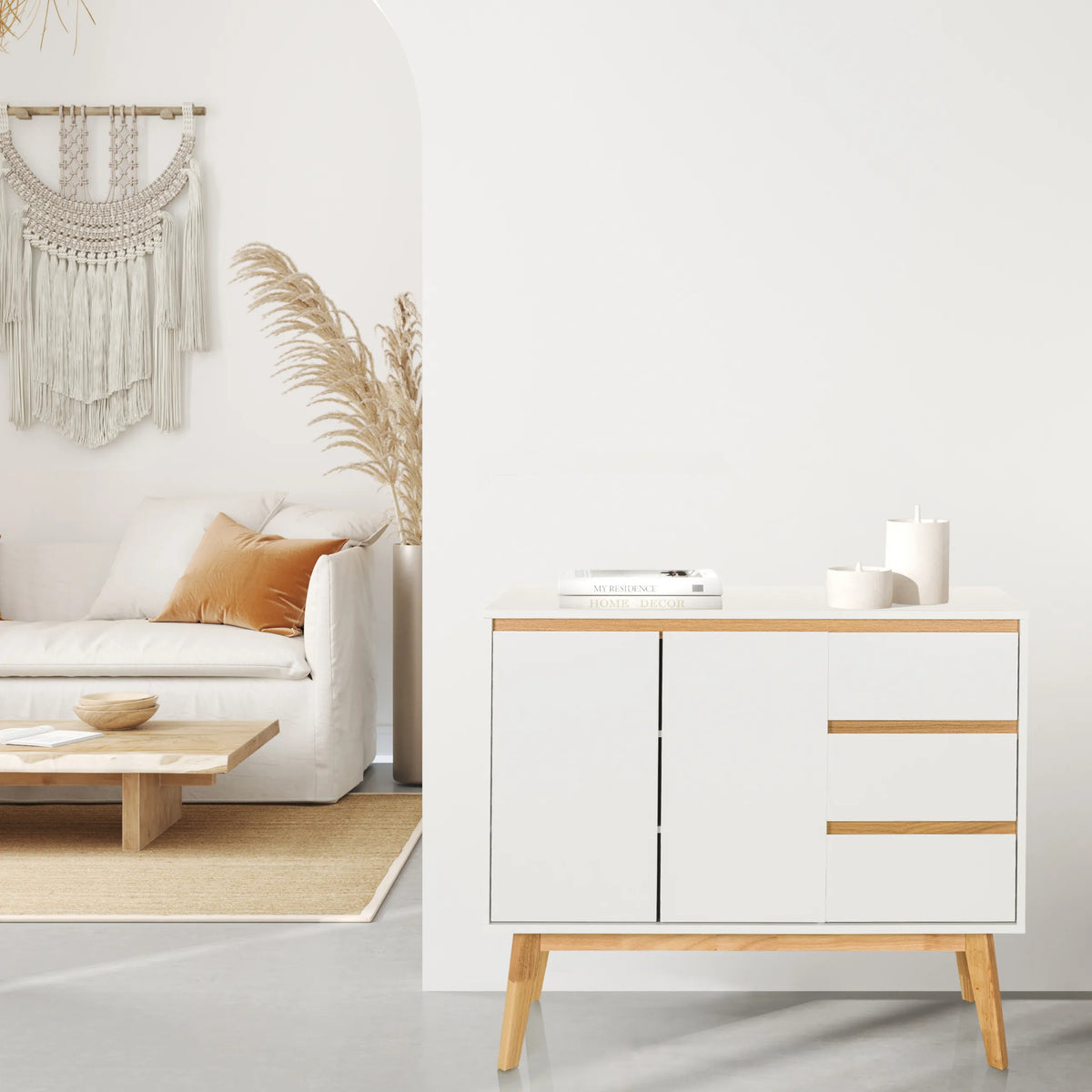 Wit Dressoir TAROLO I met drie laden en twee deuren op houten poten van hjh LIVING