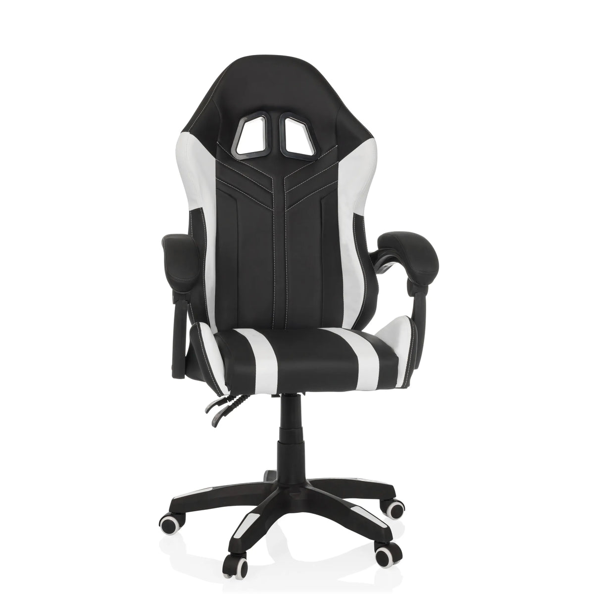 Zwart-witte Gamestoel GAMEBREAKER W02 met vijfpootkruis met zwenkwielen van MyBuero – 360-gradenweergave (vooraanzicht 15°)
