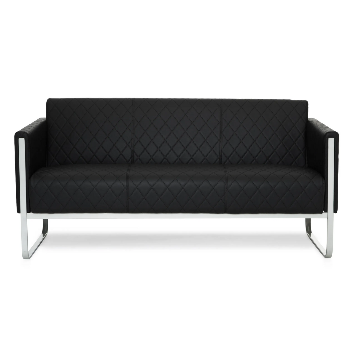 Zwarte lounge bank ARUBA STEP met ruitstiksel en chromen frame van hjh OFFICE – 360-gradenweergave (vooraanzicht 0°)