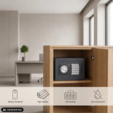 Antracietkleurige Safe Compact Mini kluis met toetsenbord en draaiknop in een kast van hjh OFFICE (AI-gegenereerde afbeelding)
