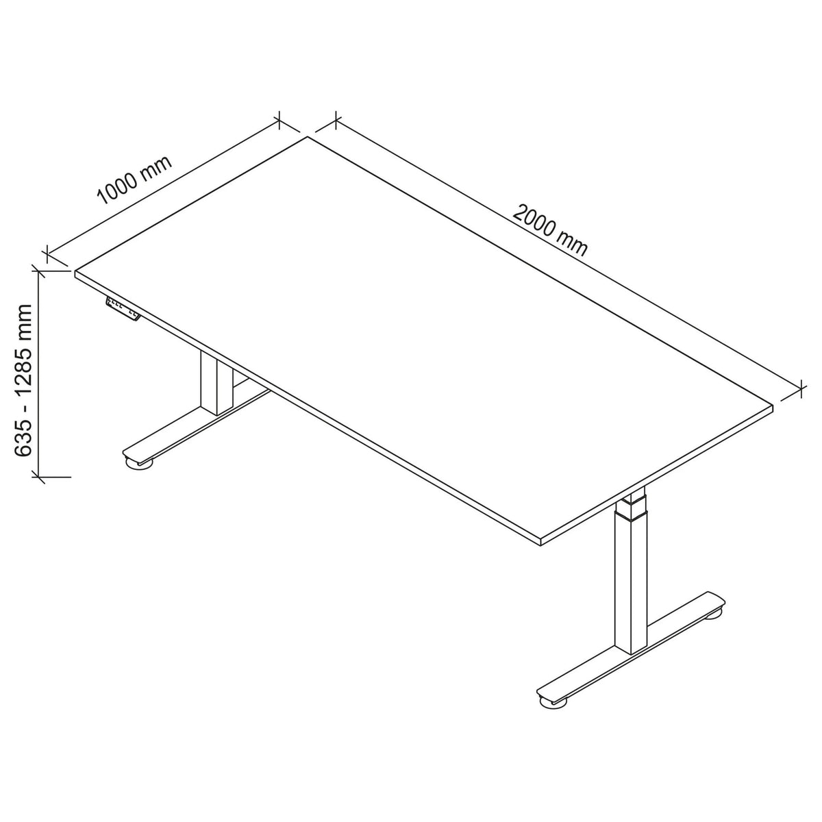 Technische tekening van het bureau XDSM 2E S met 2000 × 1000 mm van hjh OFFICE PRO
