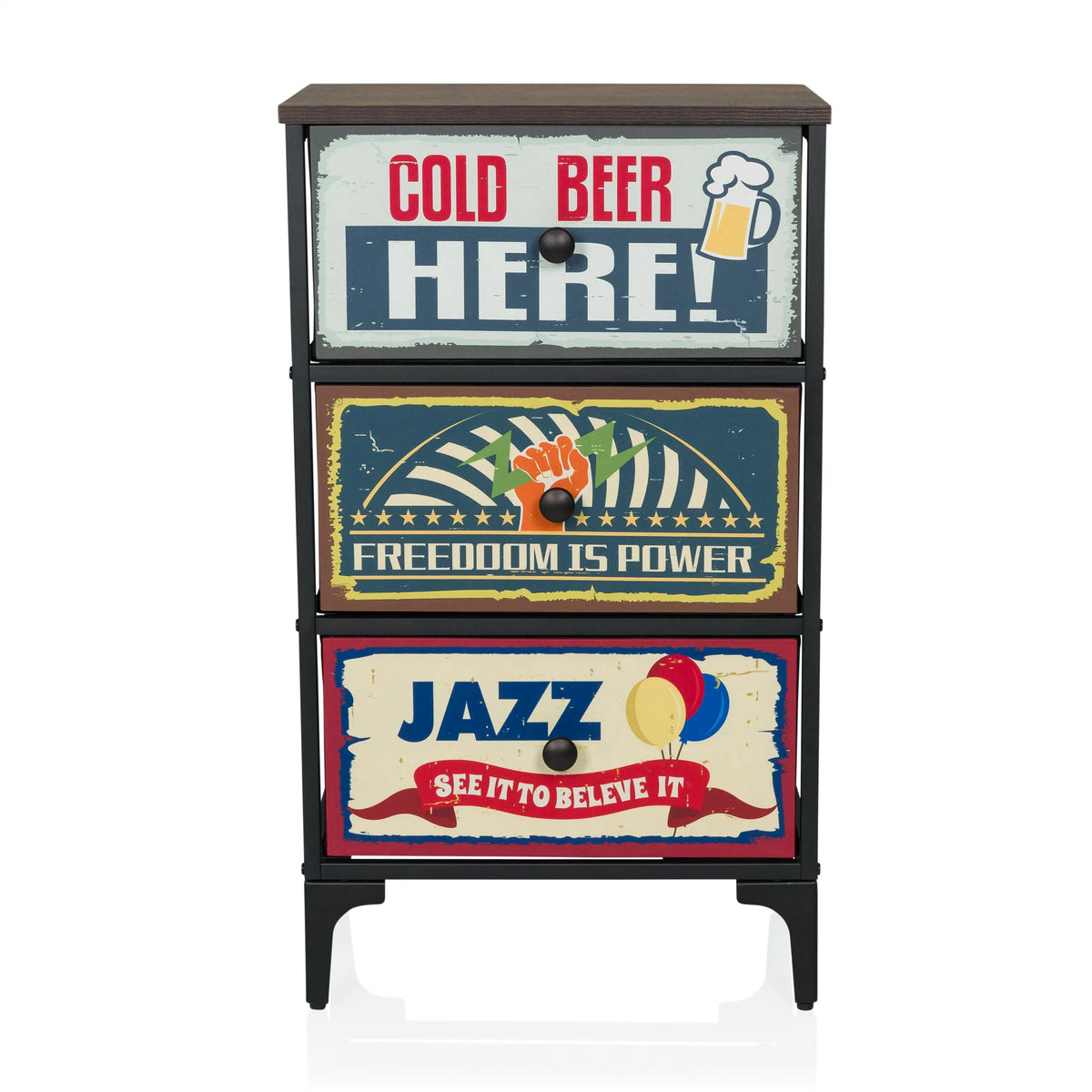 Commode AMERIKO S met drie gedessineerde laden in vintage look en zwart frame van hjh LIVING – 360-gradenweergave (vooraanzicht 0°)