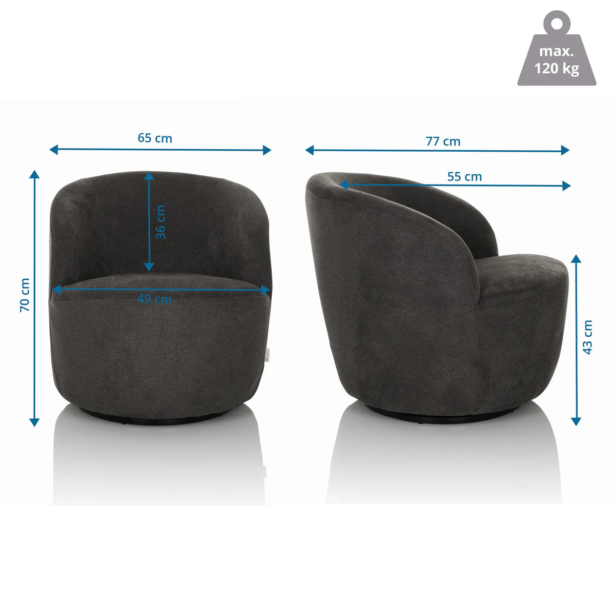 Maataanzicht van de Lounge stoel BRAMWICH met een breedte van 65 cm en een hoogte van 70 cm van hjh LIVING
