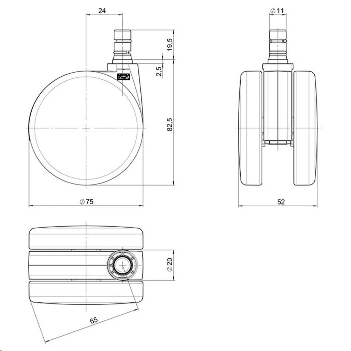 Technische tekening van de Bureaustoelwielen 5x ROLO No-Noise 11mm/75mm met een diameter van 75 mm van hjh OFFICE
