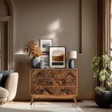 Dressoir SANTJAGO WOOD XL van donkerbruin hout met visgraatpatroon en zwarte grepen van hjh LIVING