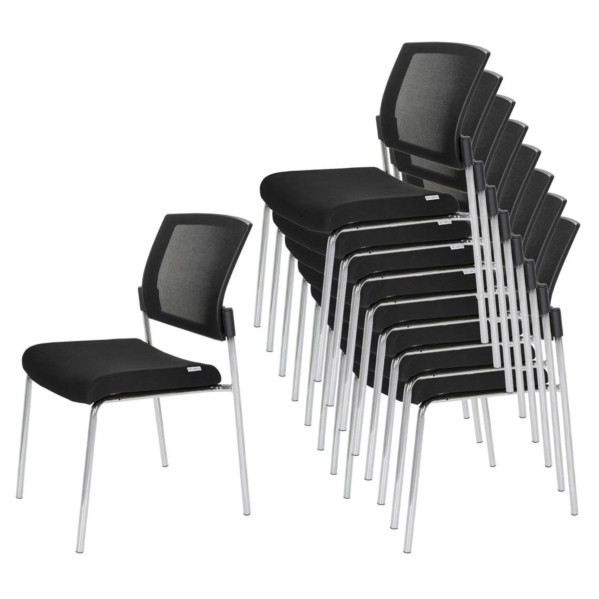 Stapelbare vierpotige stoelen K9 V in het zwart met netrug en verchroomd frame van hjh OFFICE