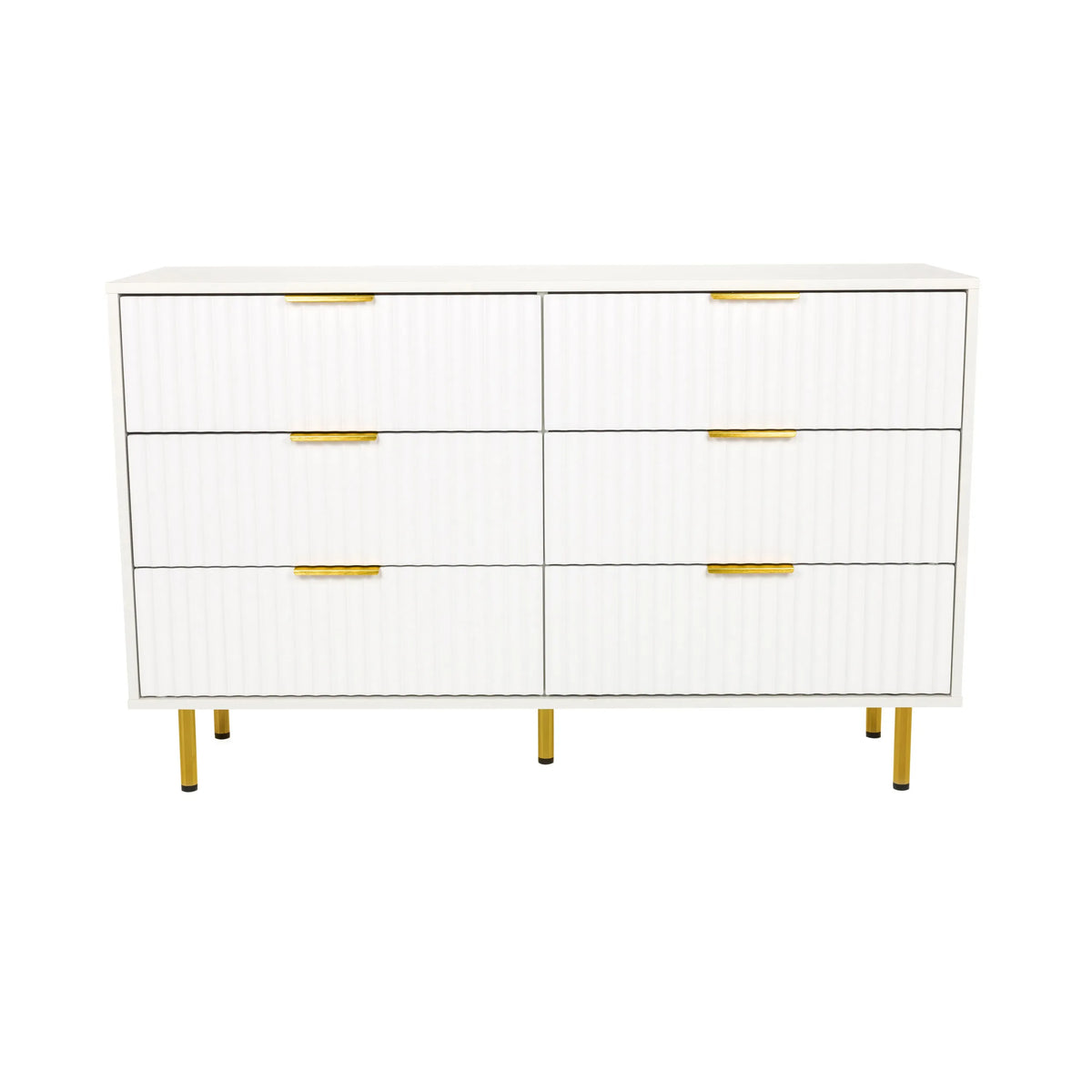 Wit Dressoir HJELLE met zes lades, geribbelde fronten en gouden poten van hjh LIVING – 360-gradenweergave (vooraanzicht 0°)