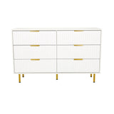 Wit Dressoir HJELLE met zes lades, geribbelde fronten en gouden poten van hjh LIVING – 360-gradenweergave (vooraanzicht 0°)