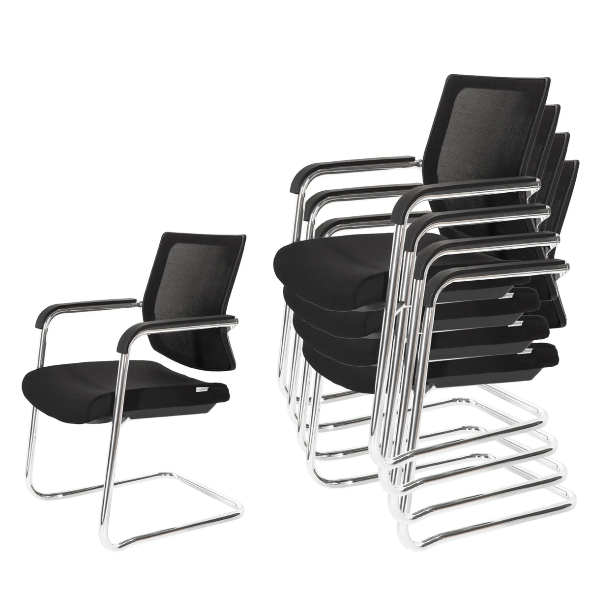 Stapelbare vergaderstoelen LEVIA V in het zwart met chromen frame en armleuningen van hjh OFFICE