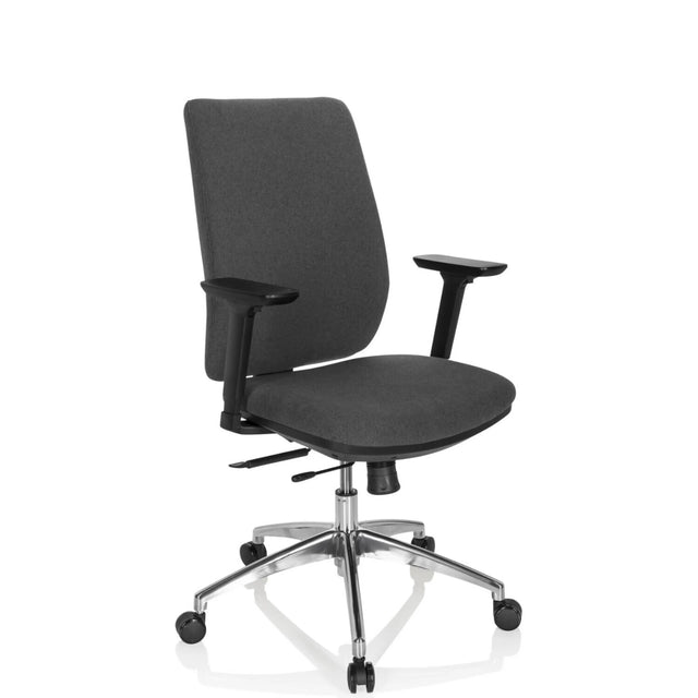 Professionele bureaustoel INTEGRIO I met donkergrijze stofbekleding en zilverkleurig stervormig onderstel van hjh OFFICE
