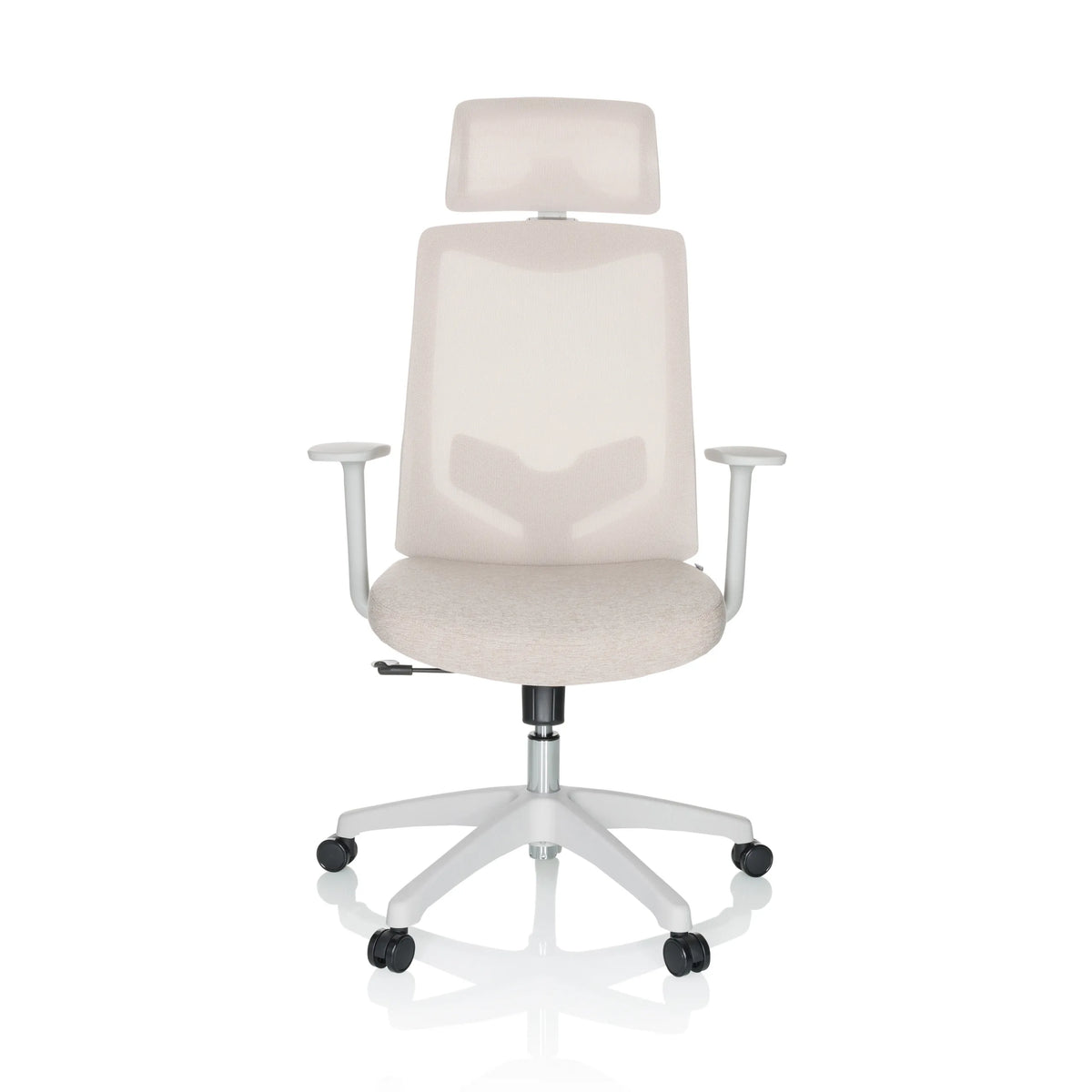 Beige Thuisgebruik bureaustoel MIKEO W met hoofdsteun en wit vijfsterrenonderstel met wieltjes van hjh OFFICE – 360-gradenweergave (vooraanzicht 0°)