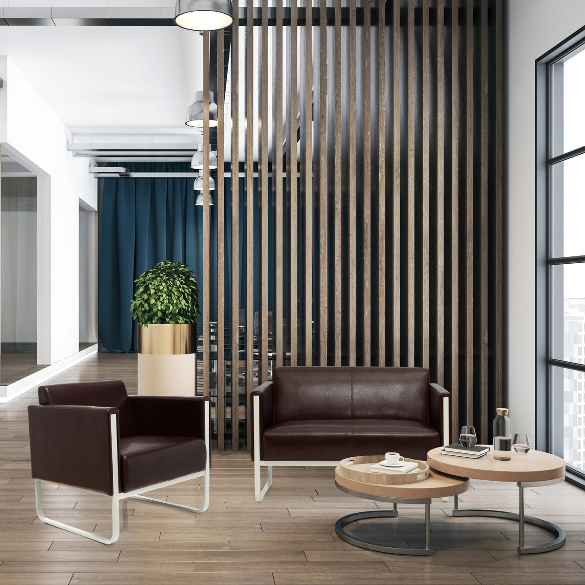 Bruine lounge bank ARUBA als tweezitter met wit metalen frame van hjh OFFICE
